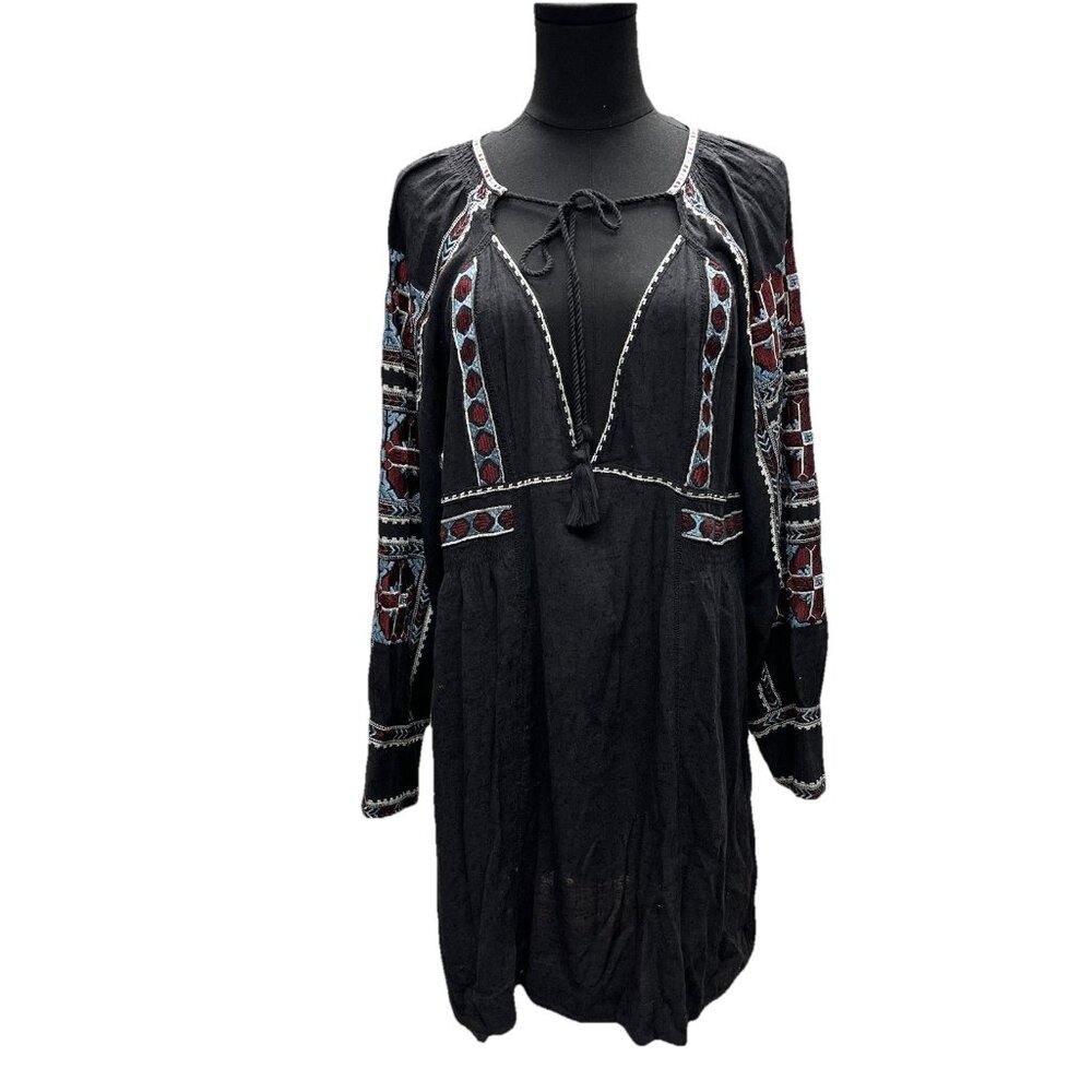 Free People Black Embroidered Mini Dress with Burgundy and Light Blue Accents